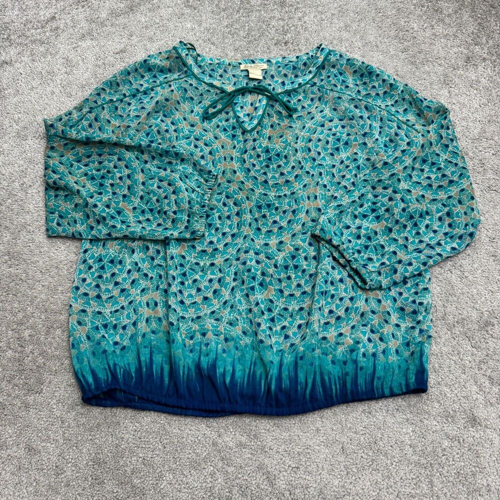 Lucky Brand Lace Medallion Chiffon Bubble Waist Blouse Top Women Large Teal Blue